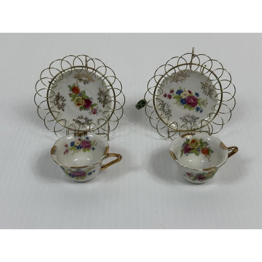 2 Vintage Miniature Coffee Tea Cup Plate‎ With Metal Wire Scroll Stand Japan